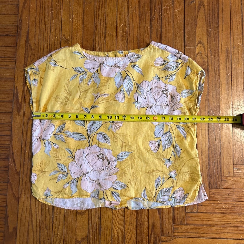 Nicole Miller Yellow Floral 100% Linen Button Back Top XS Cottage Lagenlook Chic - Picture 7 of 10
